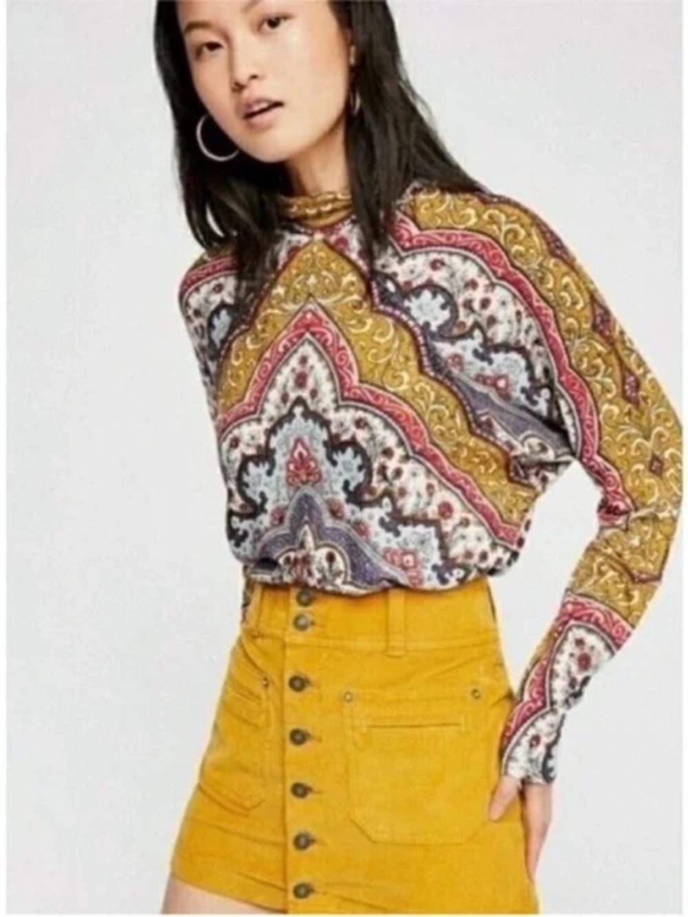 Free People "Chase Me" Long Sleeve Paisley Mockneck Top Small